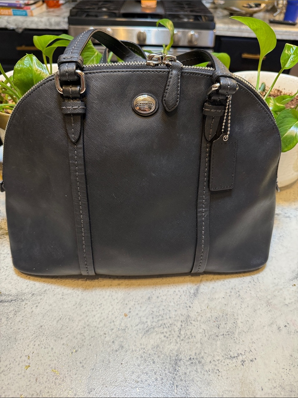 Coach F25671 satchel Black Saffiano Leather Dome Bag silver Hardware